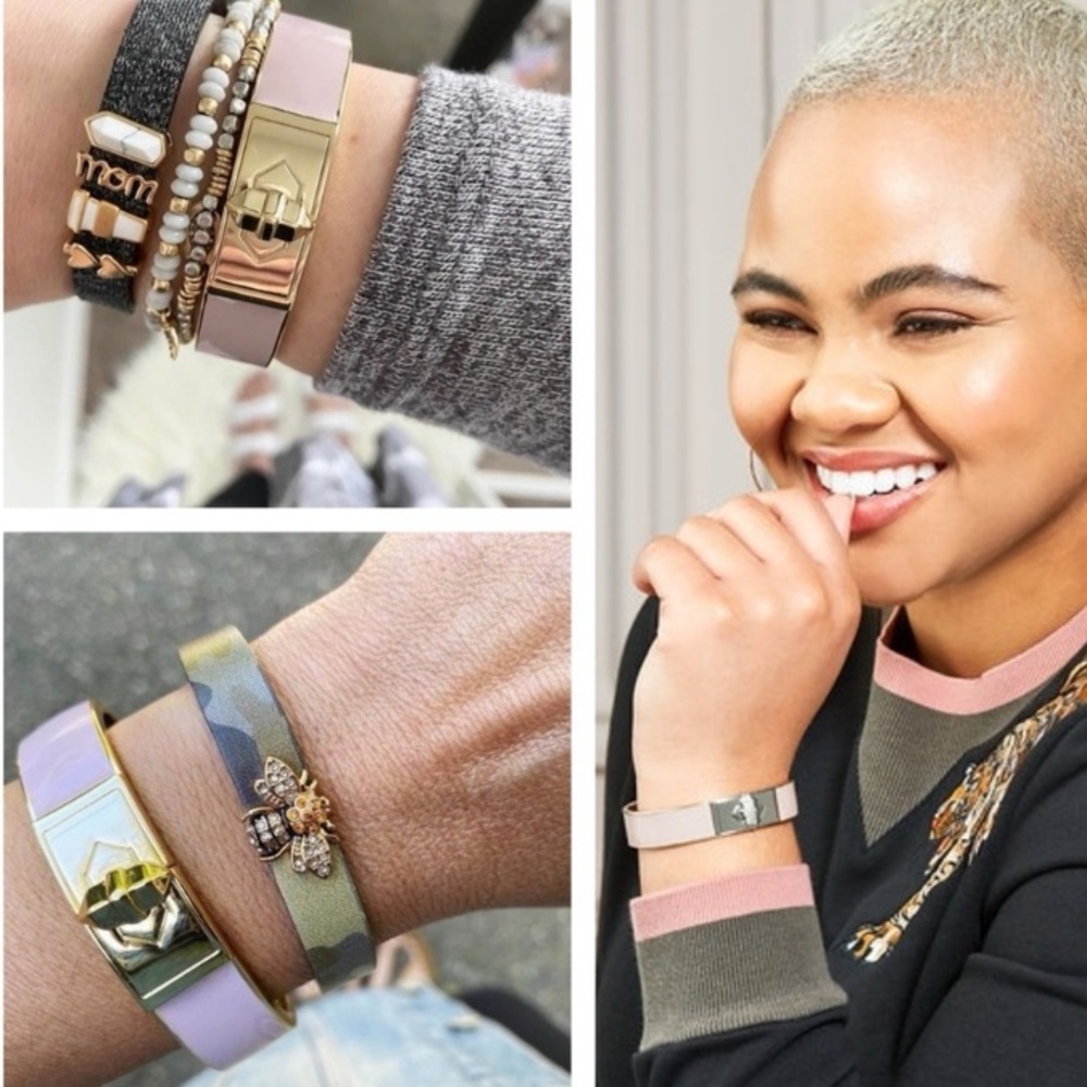 Stella & Dot | Blush Pink Rebel Stud Closure Hinged Bangle Bracelet - Picture 5 of 7